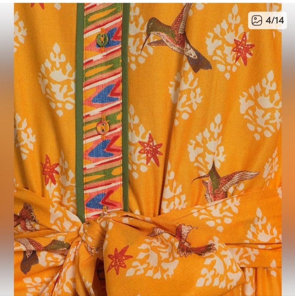 A Loves A Border Print Mandarin Collar Waist Tie Button Front Dress - Picture 4 of 4